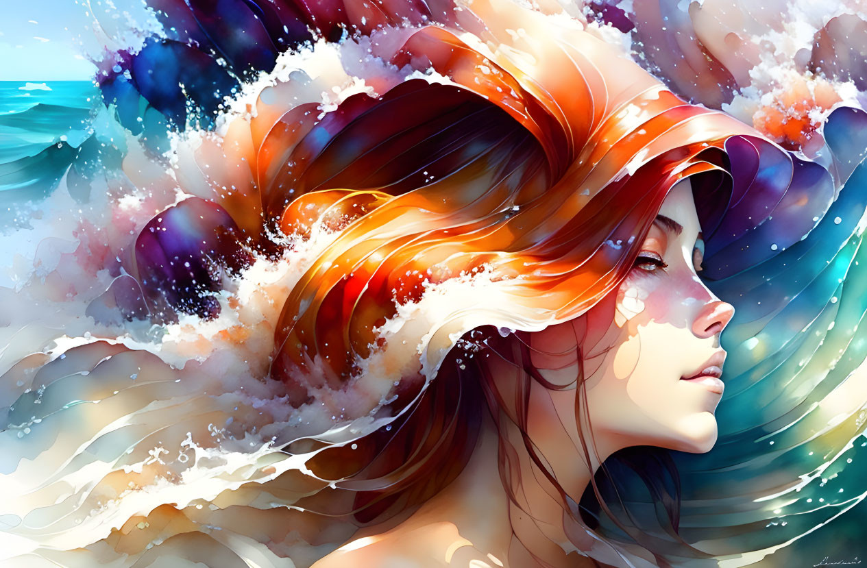 Colorful artwork: Woman with flowing hair merging with ocean waves