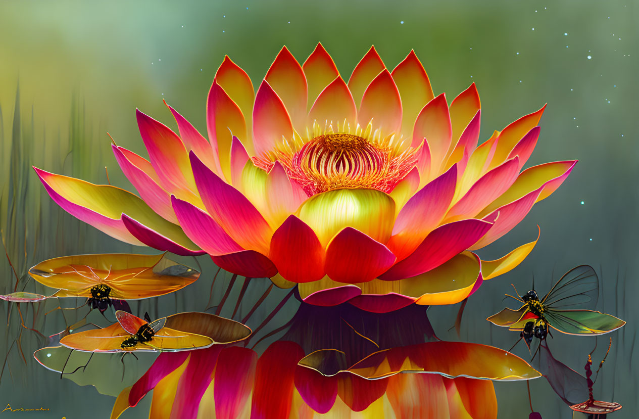 Colorful digital artwork: Lotus flower, dragonflies, lily pads on green background