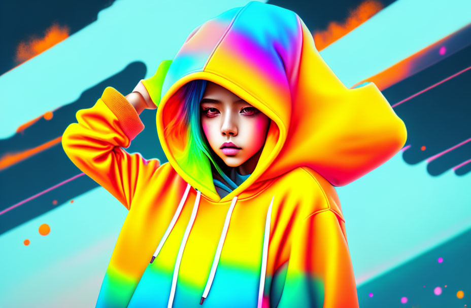 Colorful digital illustration of person with blue hair in rainbow hoodie on dynamic splattered background