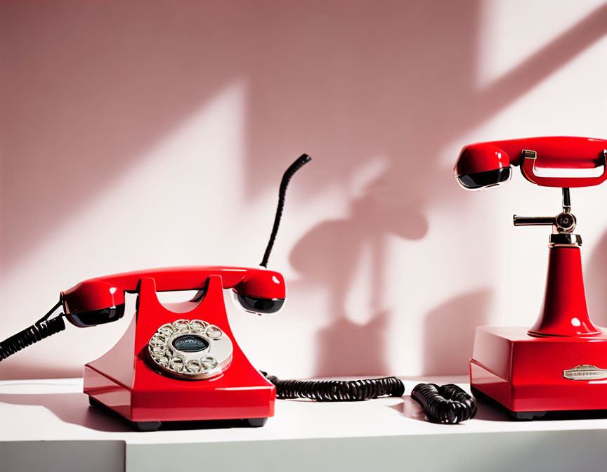 Vintage red rotary telephones with receivers off hooks on white background