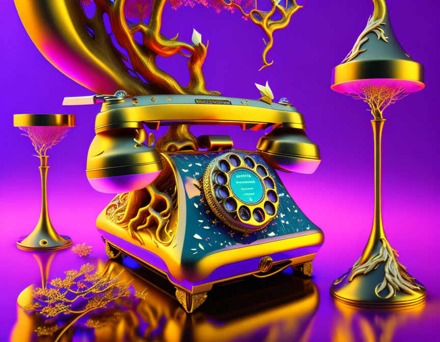 Colorful surreal artwork: melted rotary phone, golden branches, vibrant purple background