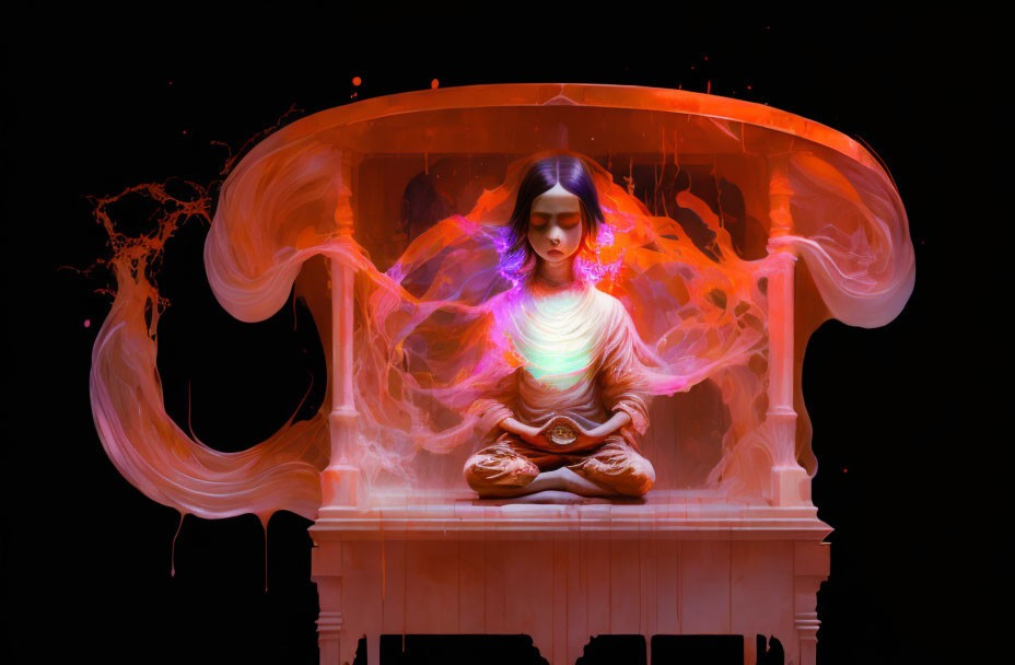 Meditating figure surrounded by colorful smoke on dark backdrop