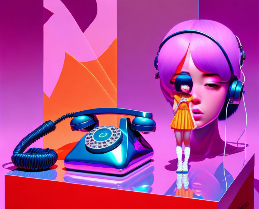 Vibrant illustration: girl with purple hair, headphones, retro blue telephone, colorful geometric background