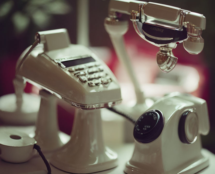 Vintage-style telephone and optical device on desk, evoking retro technological theme.