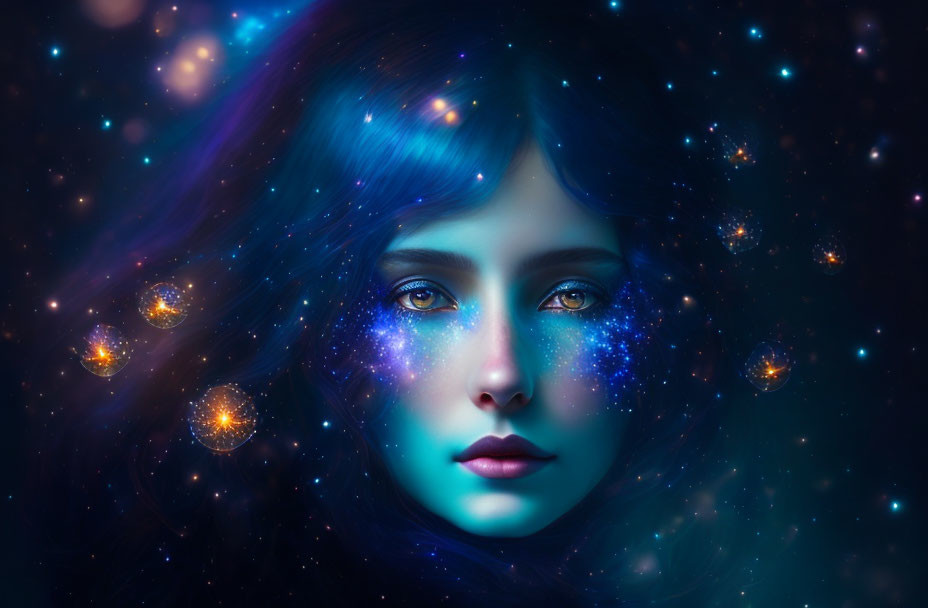 Digital Artwork: Woman with Galaxy-Themed Makeup and Celestial Bodies Integration