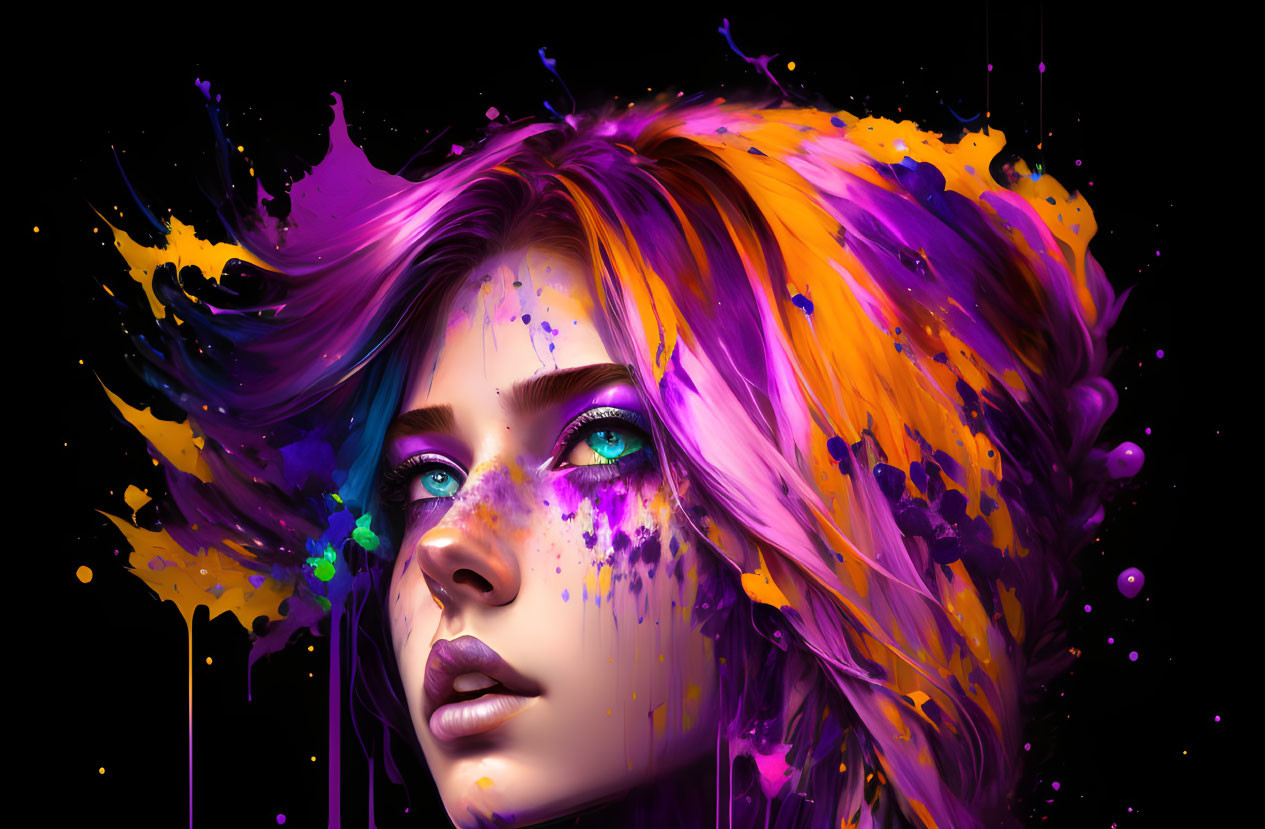 Vibrant digital artwork: Woman with purple and orange splattered paint effects