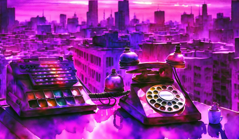 Purple Cityscape with Vintage Telephone and Cash Register at Sunset