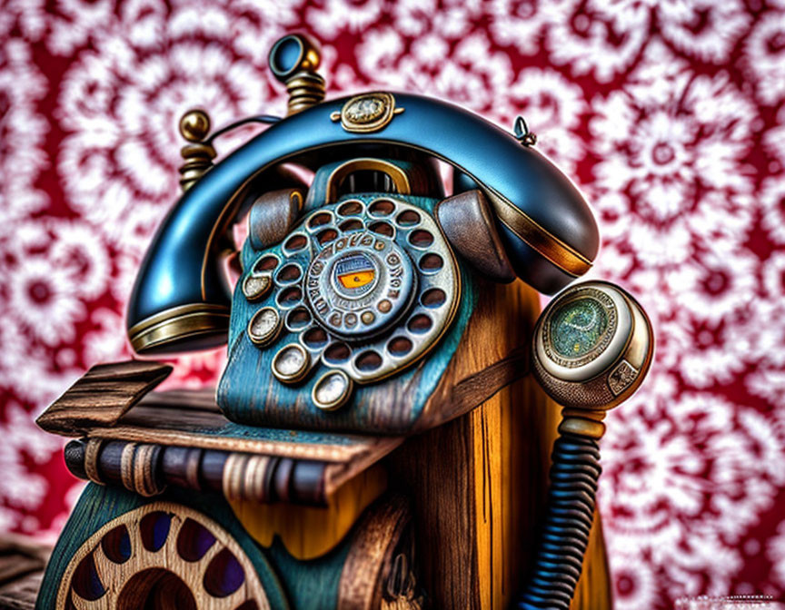 Vintage Rotary Dial Telephone with Dark Blue Handset on Wooden Stand