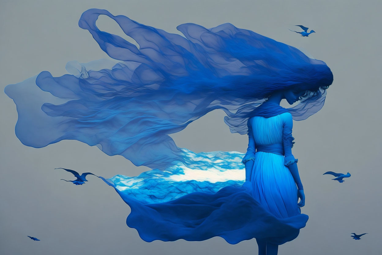 Surreal illustration: Woman in blue dress merging with sea and sky