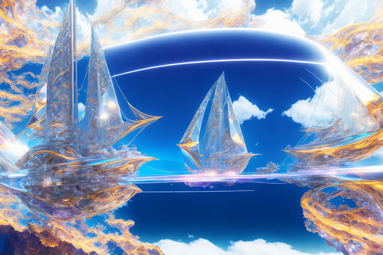 Fantastical ships in protective bubble on mirrored surface against surreal fiery sky