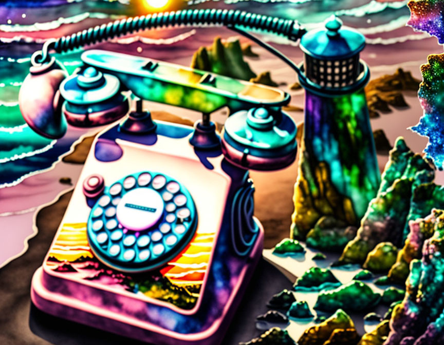 Vibrant surreal landscape with vintage telephone and dreamlike scenery