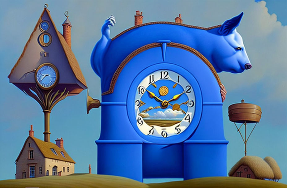 Blue cow merged with clock tower in whimsical painting