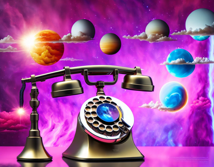 Vintage Rotary Telephone with Stars and Planets on Dial in Cosmic Background