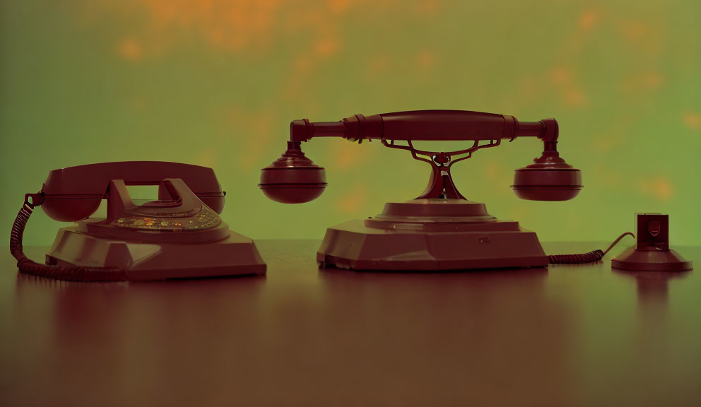 Vintage Telephones on Table with Amber Overlay and Bokeh Lights