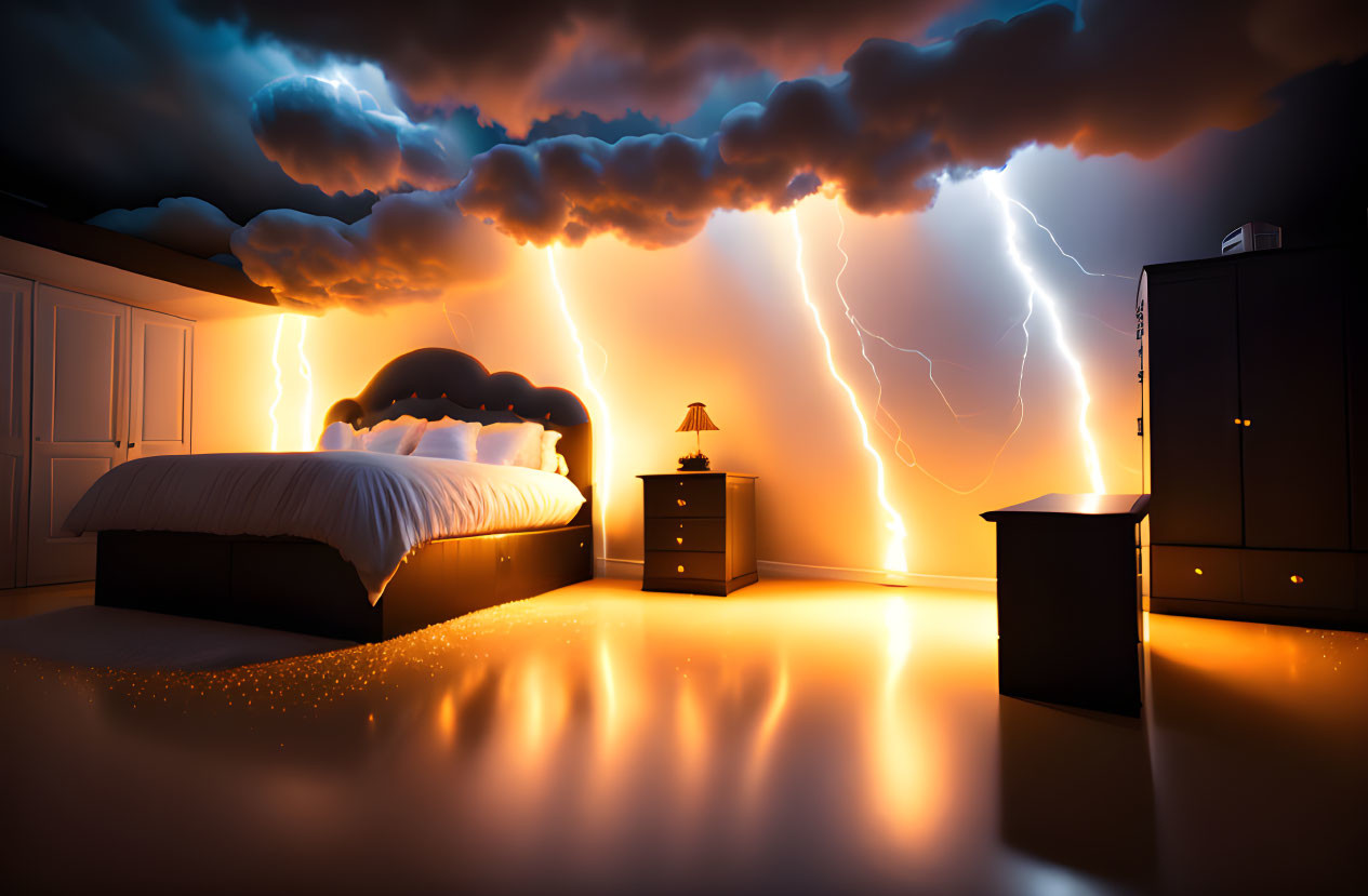 Surreal bedroom with cloud ceiling, lightning, glowing particles