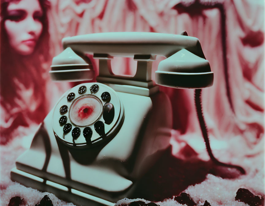 Vintage rotary telephone with receiver off on textured surface, woman in blurred background