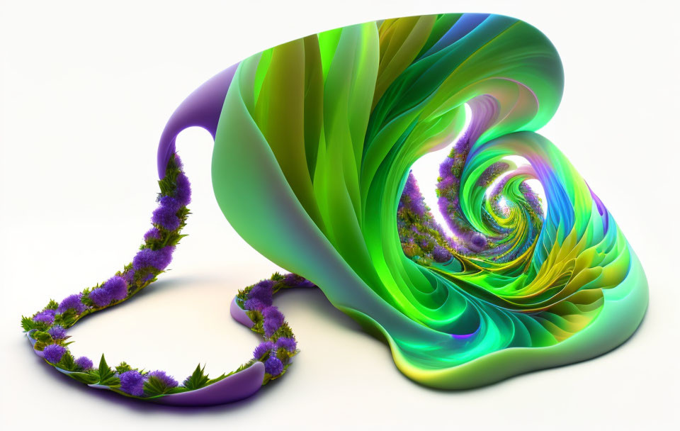 Green and Yellow Swirling Fractal Art with Purple Vine on White Background