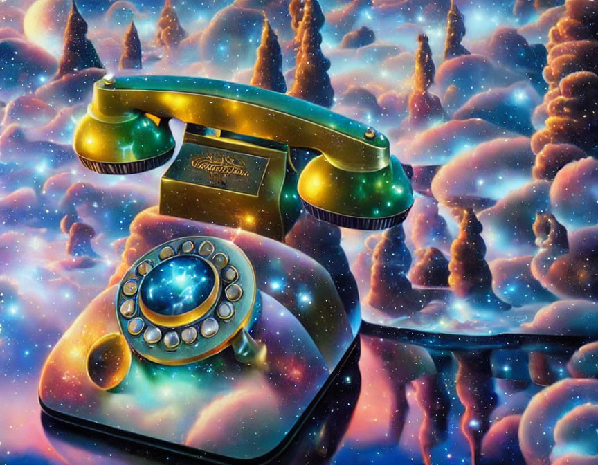 Vintage Telephone Against Cosmic Nebulae Background