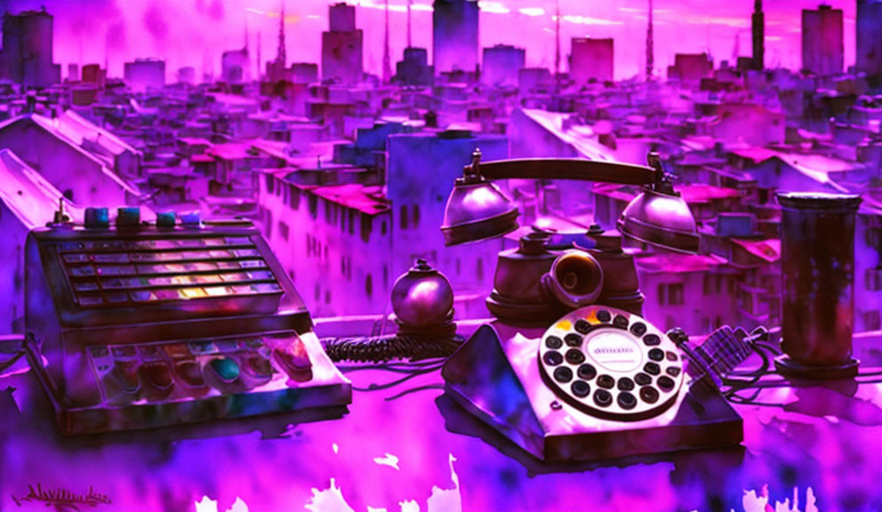 Vintage rotary phone and switchboard in purple cityscape illustration