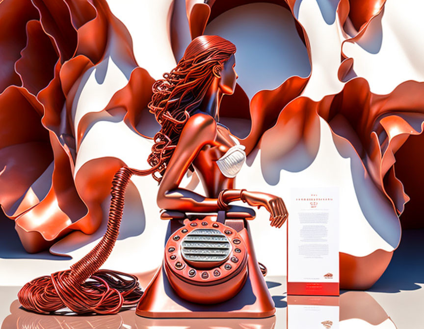 Surreal image of female figure with red telephone in abstract setting