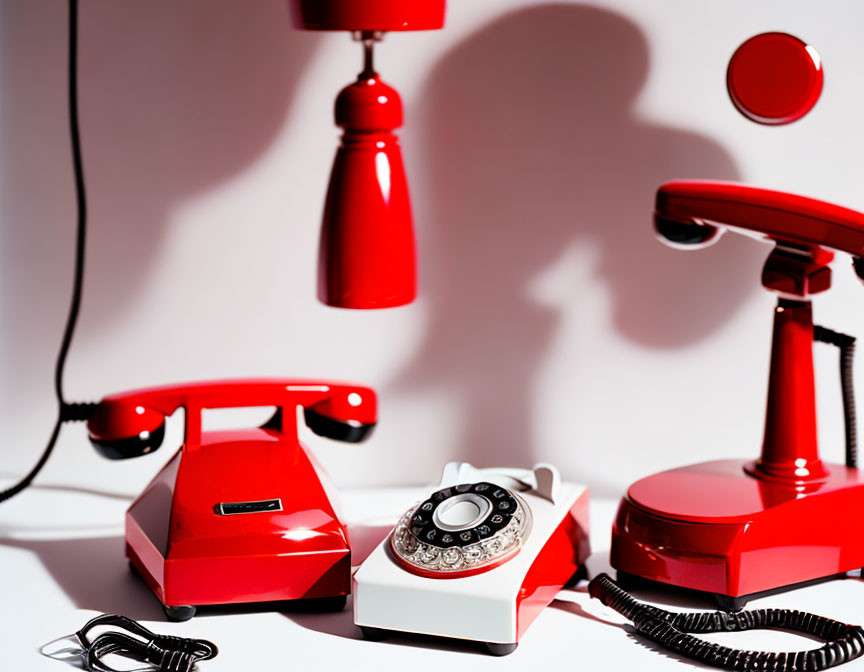 Classic Red Rotary Telephones with Off-Hook Handset on White Background