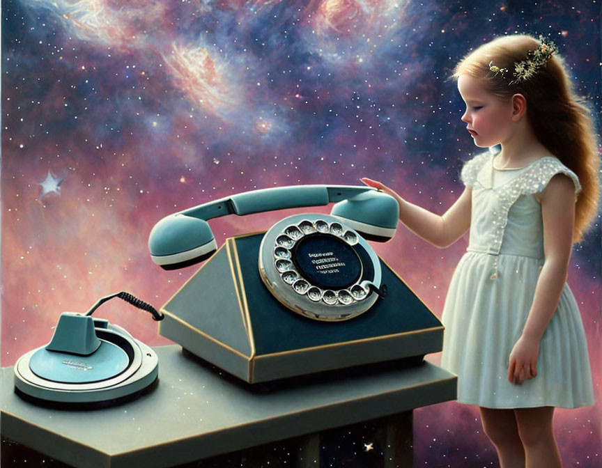 Young girl in white dress with oversized rotary phone in cosmic backdrop