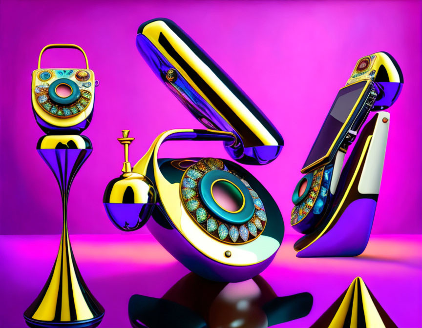 Colorful 3D Illustration of Futuristic Devices on Purple and Pink Background