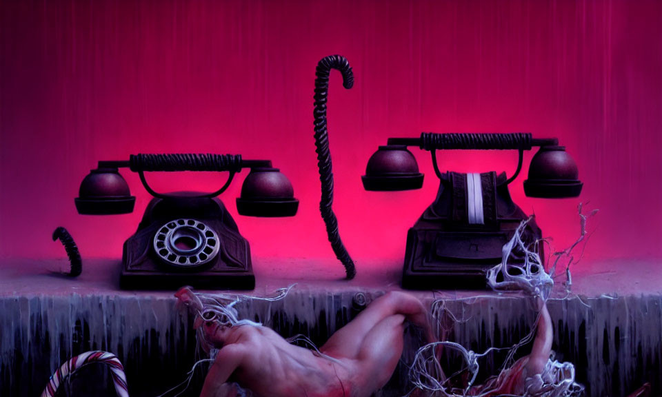 Three vintage telephones with twisted cords under pink and purple light on a surreal surface.