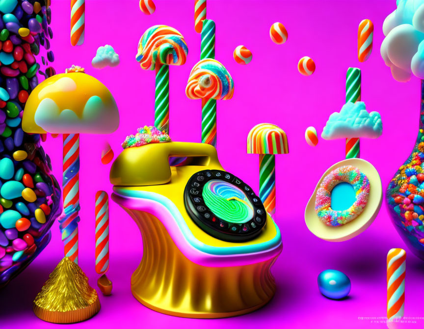 Colorful retro telephone surrounded by candy and clouds on pink background