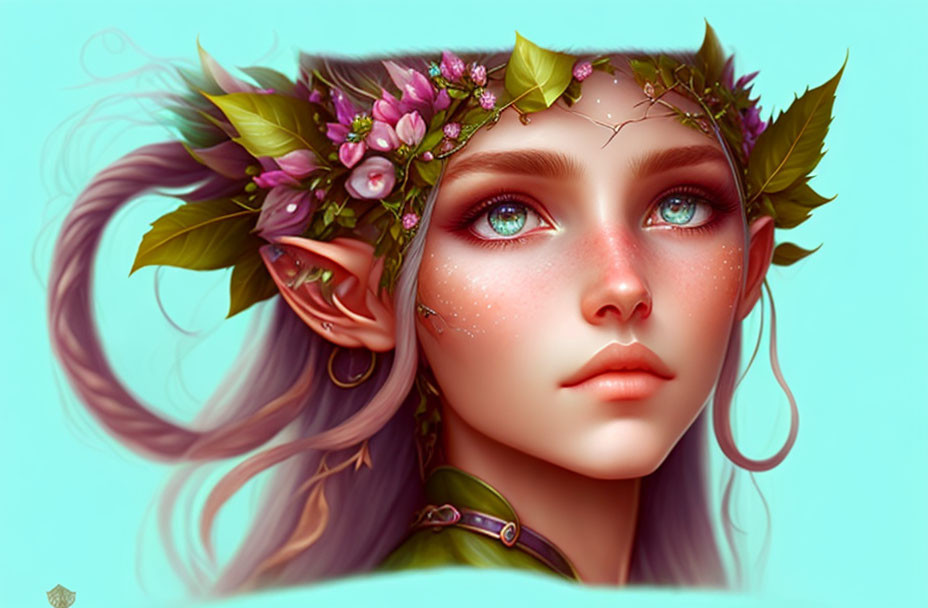 Digital artwork: Elf with leafy crown, flowers, blue eyes, freckles, pointed ears