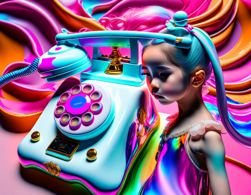 Vibrant digital art: girl with blue hair and rotary phone in abstract setting