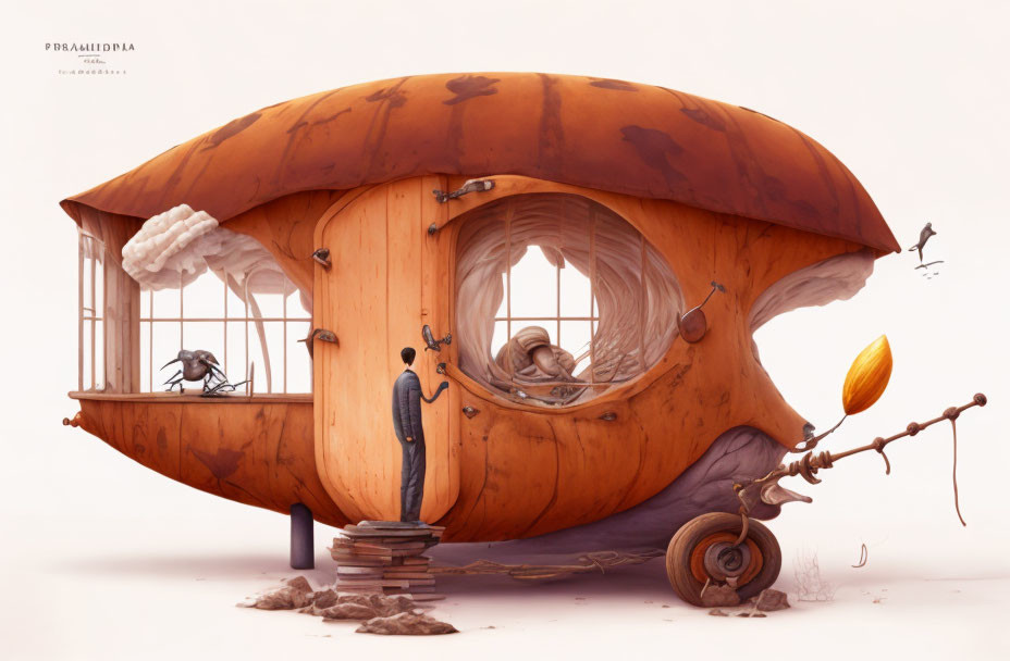 Whimsical pumpkin-shaped house on wheels with penguin butler, cat, bird, and character