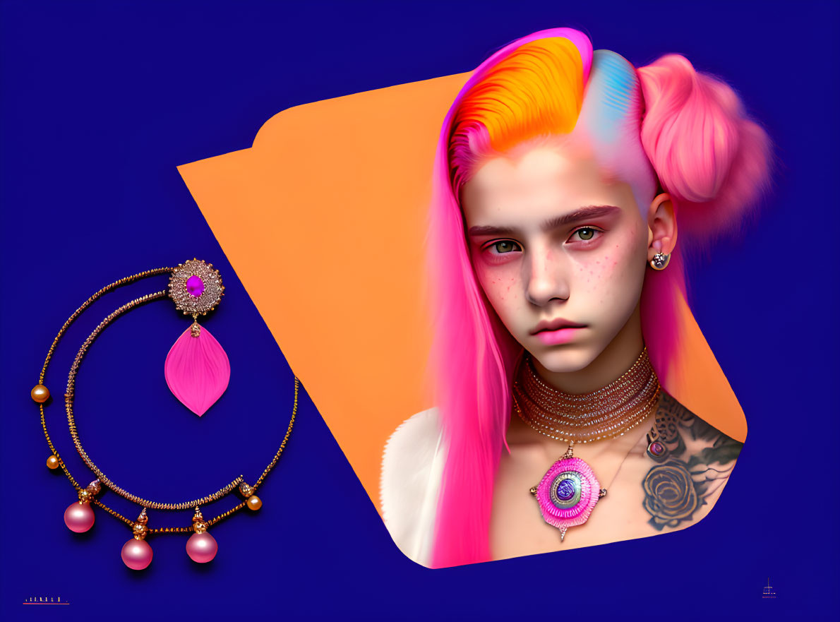 Person with Pink & Yellow Gradient Hairstyle, Piercings, Tattoos, & Jewelry on Ge