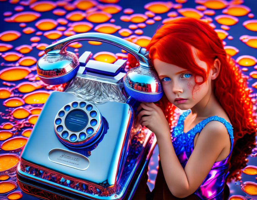 Striking red-haired girl with vintage blue rotary phone in surreal bubble backdrop