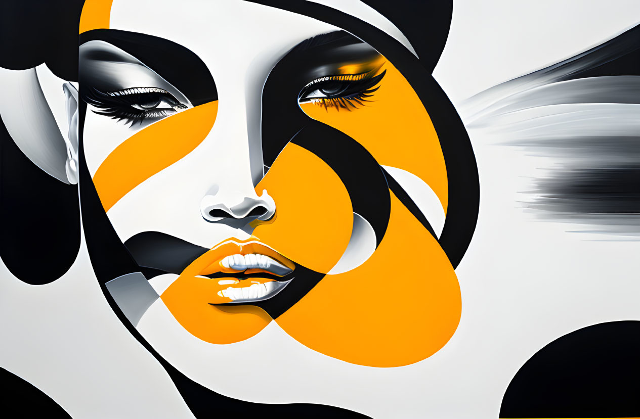 Stylized female face in black, white, and orange swirls