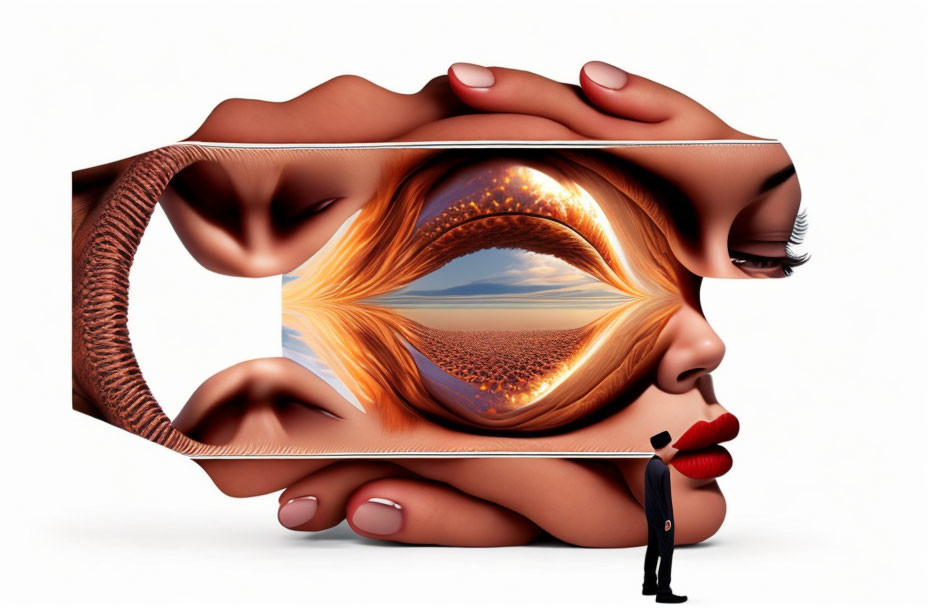 Surreal image: man gazes at giant eye in landscape with lips frame