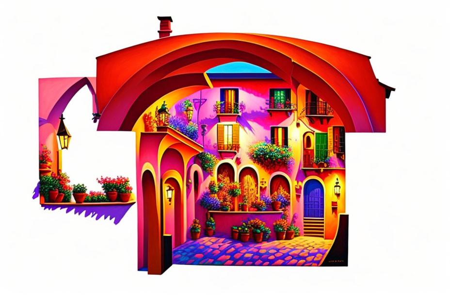 Colorful Mediterranean Alley Painting with Archways, Balconies, and Lantern