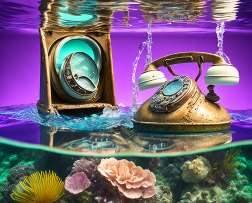 Vintage washing machine and phone submerged in water above coral reef