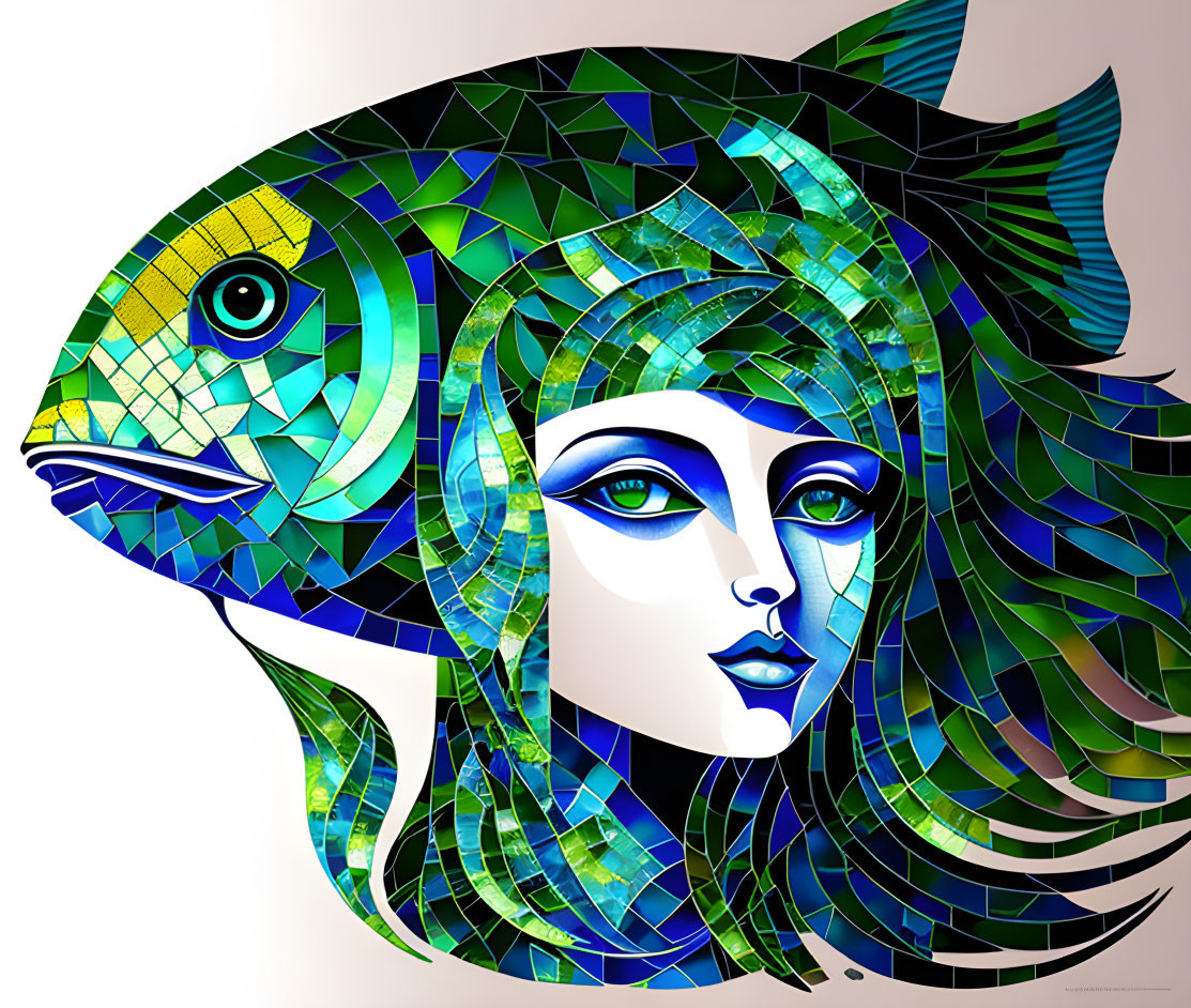 Digital artwork: Woman's face merged with fish in mosaic style