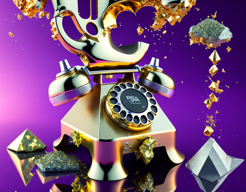 Surreal golden robotic figure with floating debris on purple background