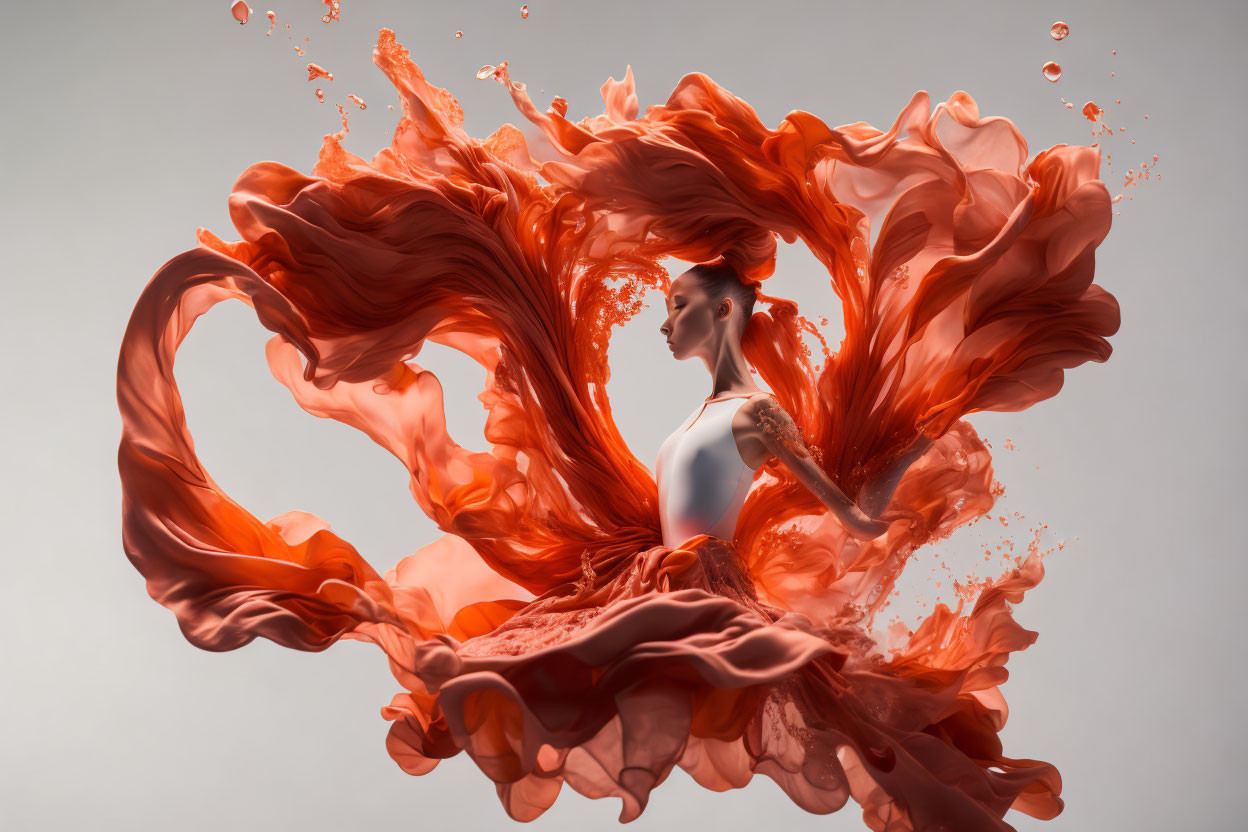 Dynamic red liquid cloaked figure against neutral backdrop