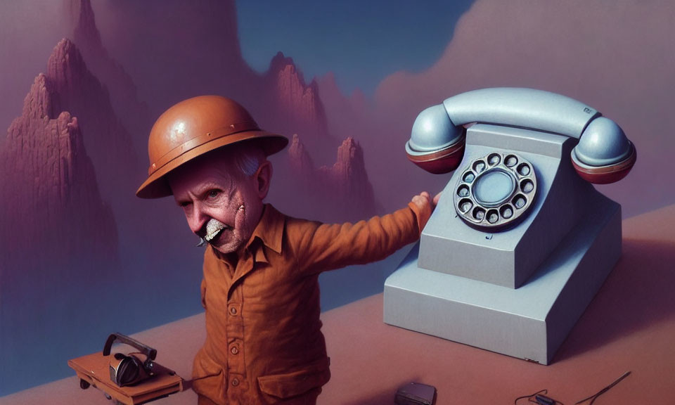 Elderly Man in Uniform with Vintage Telephone and Desert Mountains