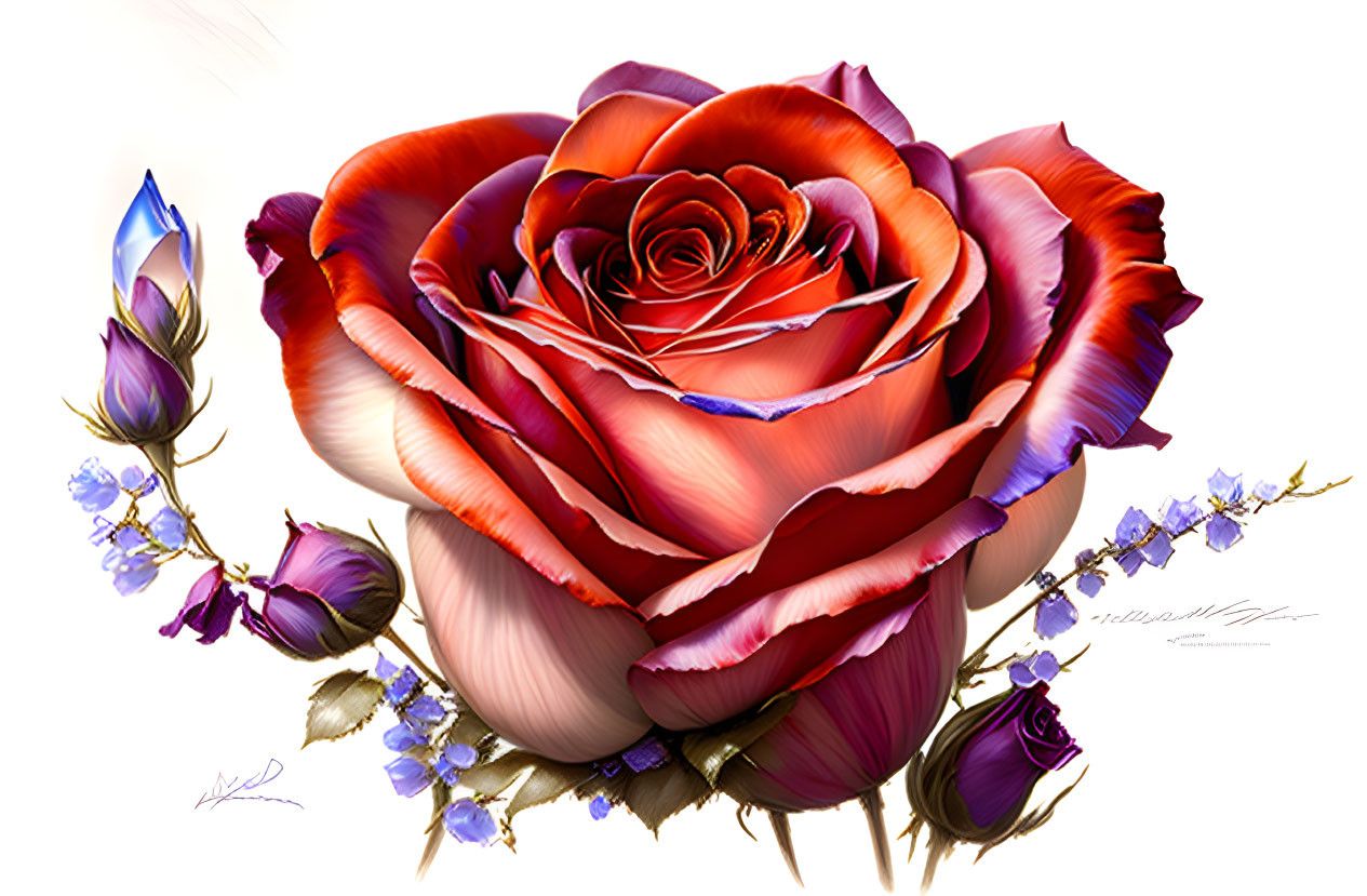 Detailed Illustration of Large Red Rose with Blue Flowers