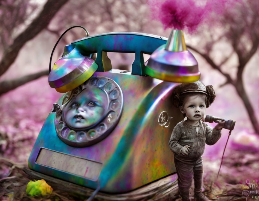 Colorful vintage telephone with baby face and child in retro attire in whimsical forest scene