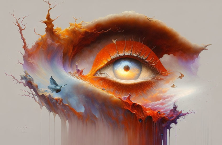 Vibrant surreal eye painting with melting colors and butterfly in dreamlike setting