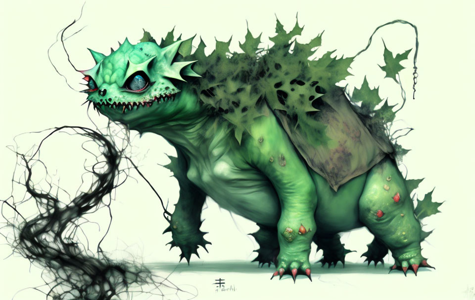 Green dragon-like creature with sharp teeth and red eyes in dark setting