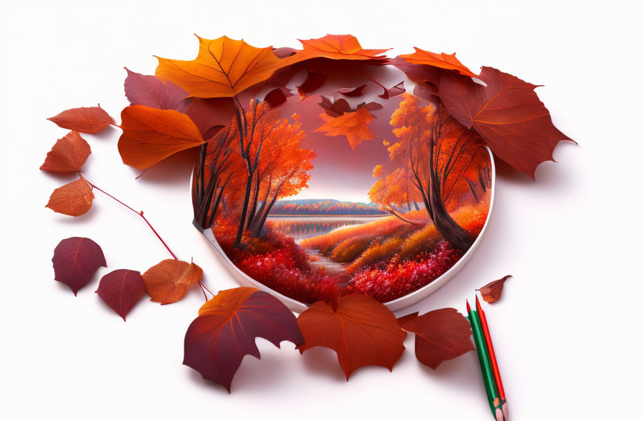 Autumn-themed artwork: vibrant forest scene in plate with real maple leaves & colored pencils