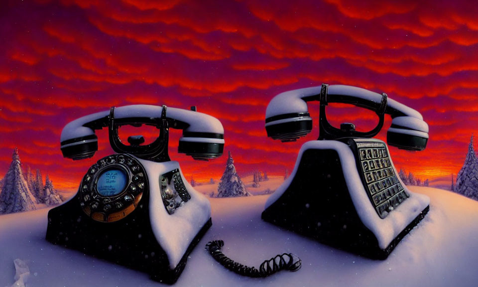 Vintage telephones in snowy landscape under red-orange twilight sky