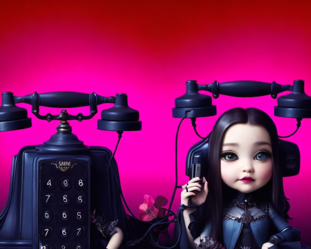 Gothic doll digital art with large eyes and antique telephone on dark red background