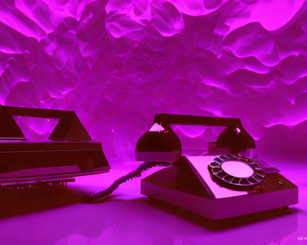 Vintage rotary phone and geometric shapes in neon pink lighting on patterned background